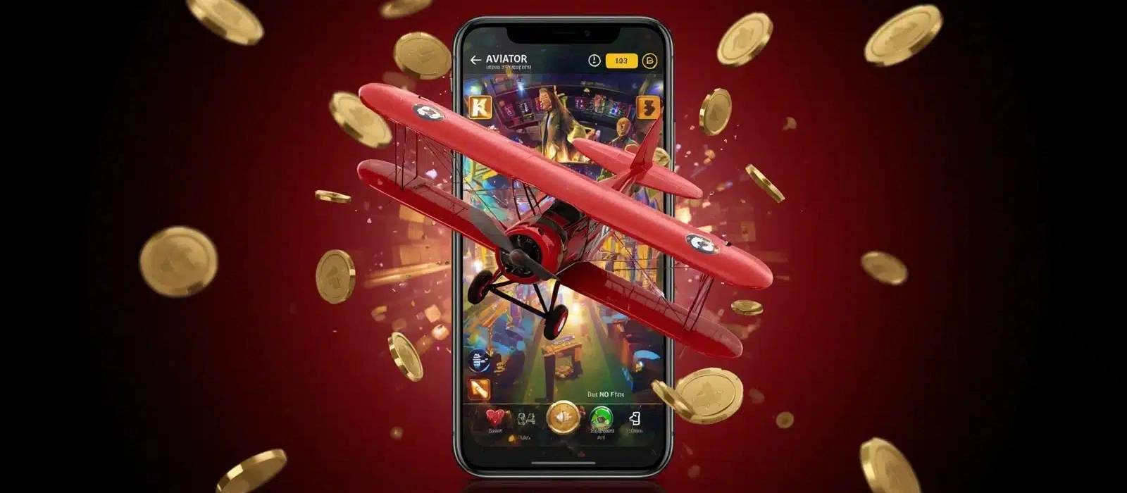 Investing in Betting or Aviator Red airplane emerging from smartphone with Aviator online game interface