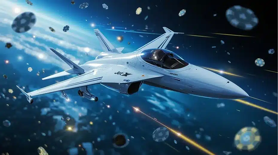 JetX Futuristic JetX fighter jet flying through outer space surrounded by glowing casino chips
