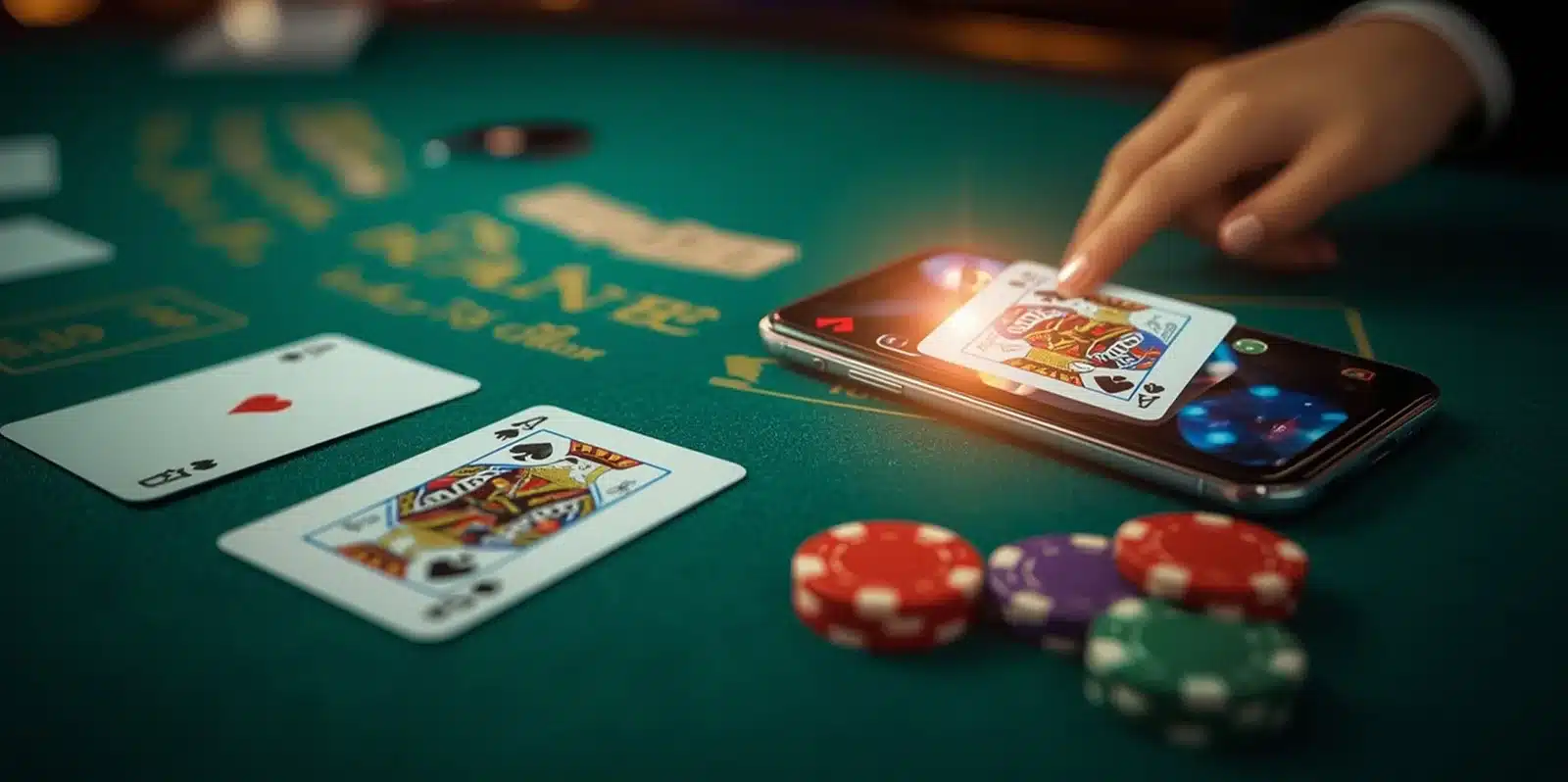 Playing online blackjack on smartphone with poker chips and cards on casino table