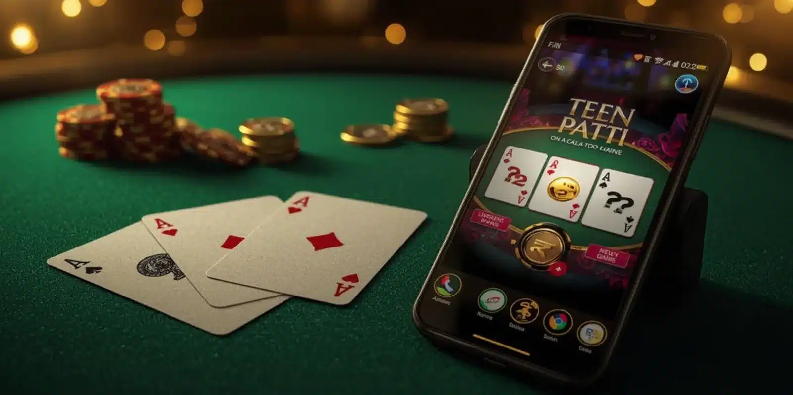Teen Patti mobile app showing winning cards and gold coins on green poker table