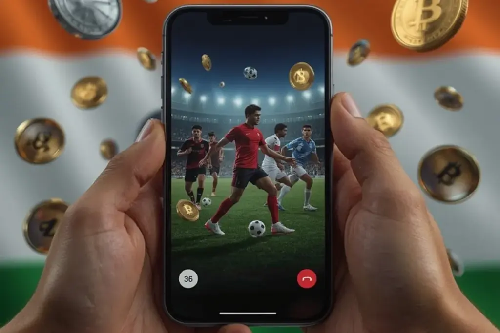 Hands holding smartphone showing football match with against Indian flag background
