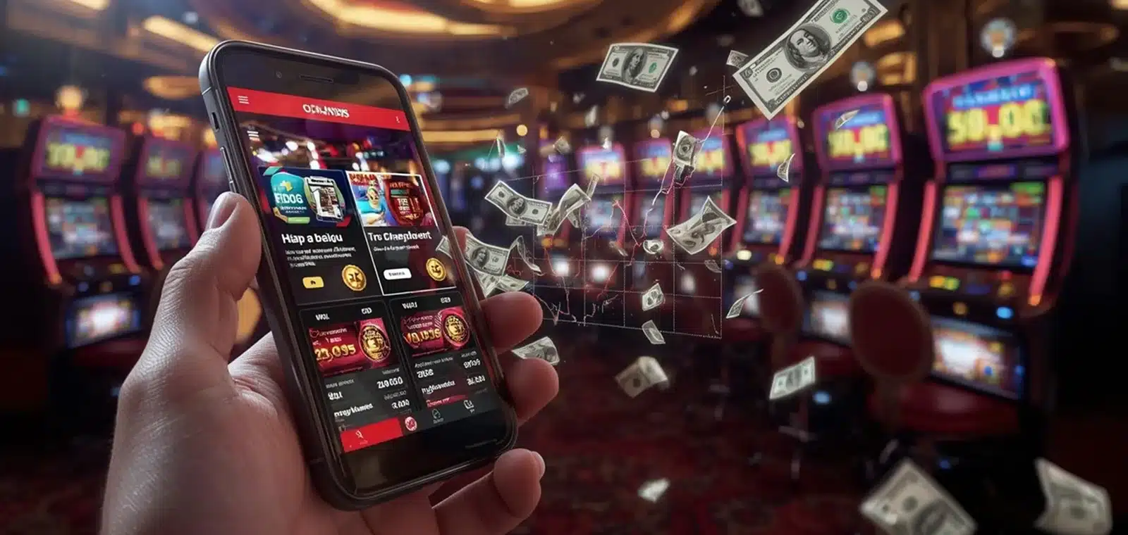 Hand holding smartphone with casino app displaying slot machines and flying dollar bills