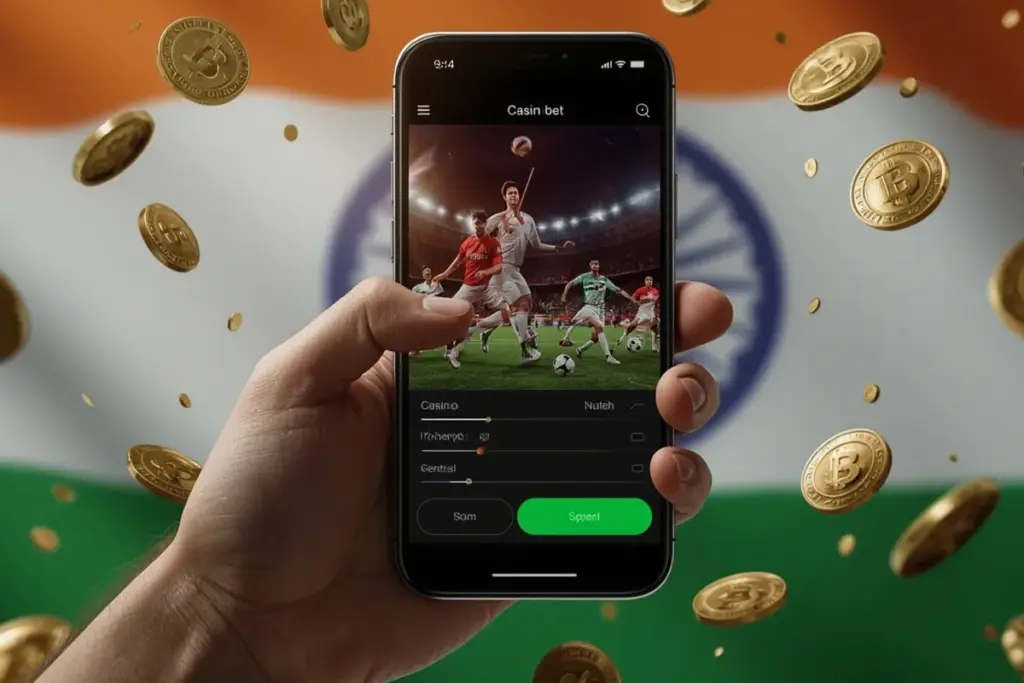 Mobile screen displaying live football betting with Indian flag and digital coins in background