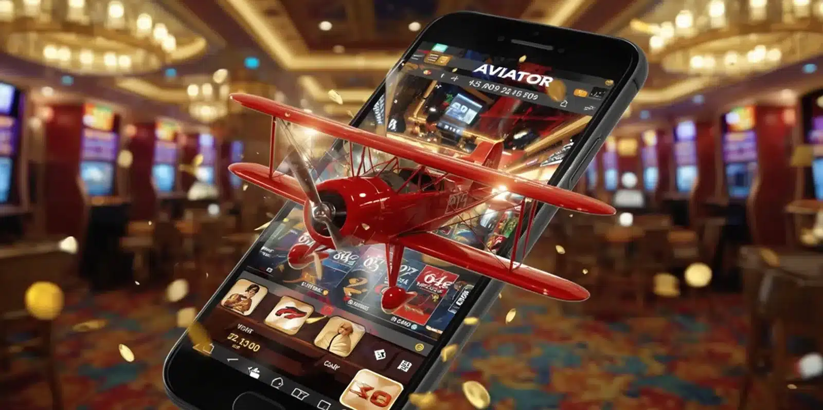 Red Aviator online airplane emerging from smartphone screen inside casino with flying coins
