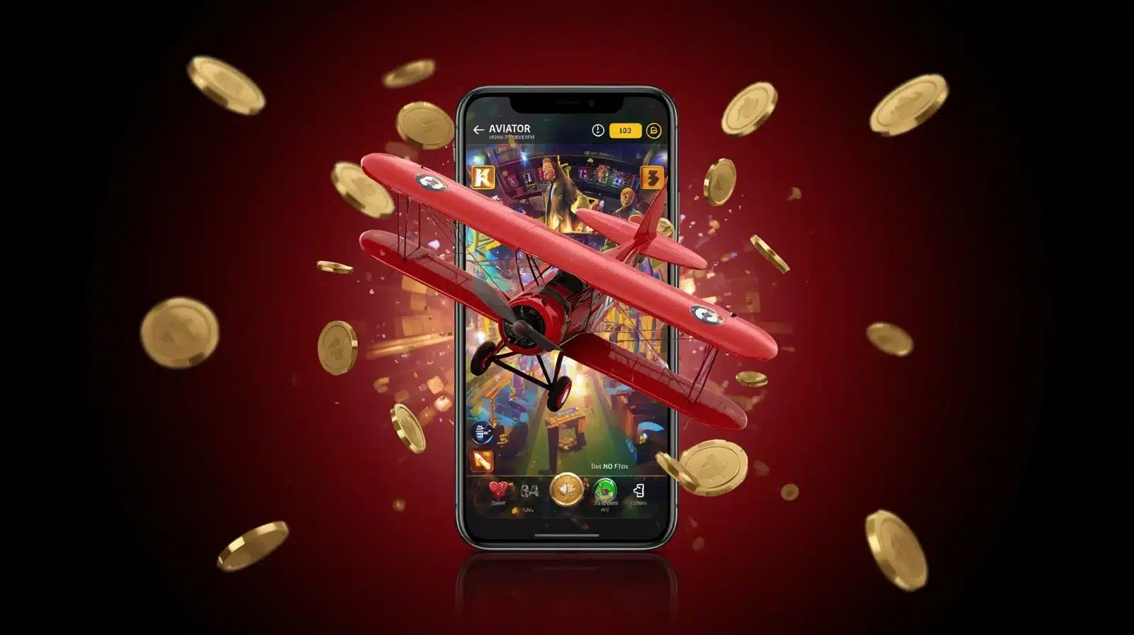 Red airplane emerging from smartphone with Aviator online game interface