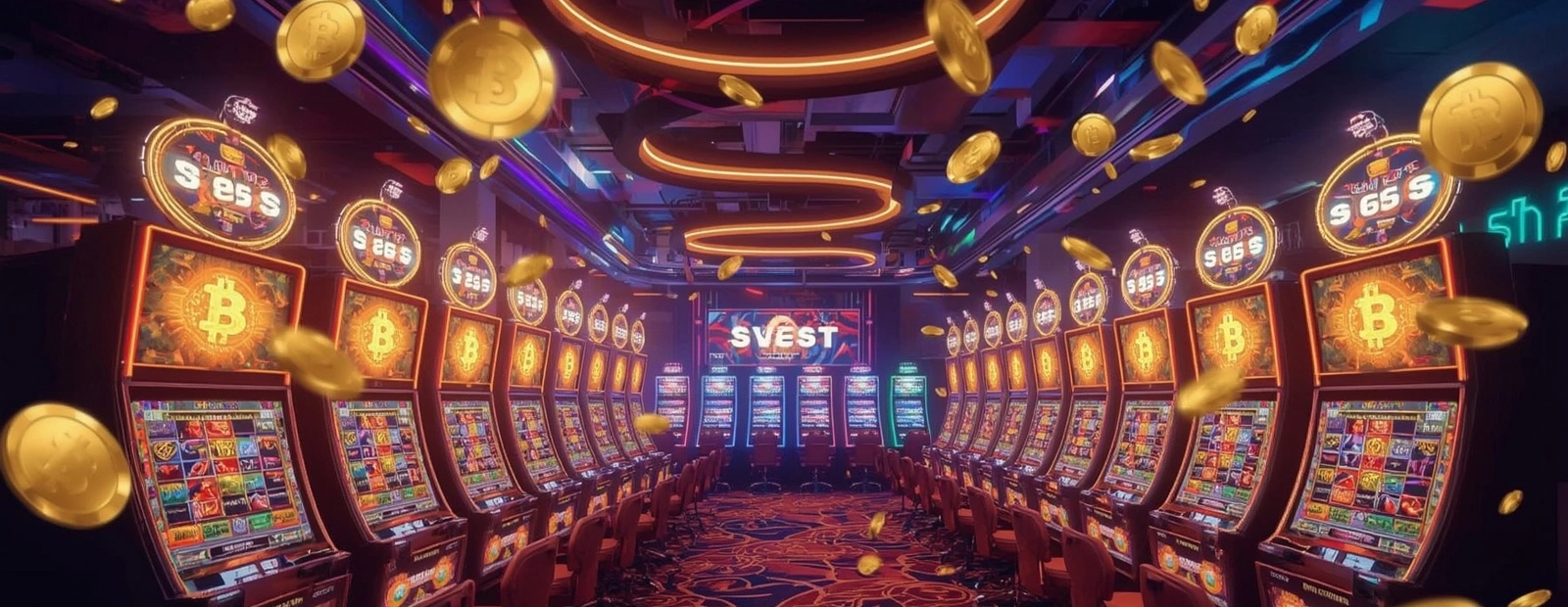 Rows of slot machines with coins raining down