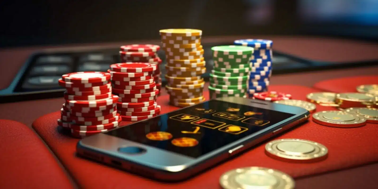 Stacks of casino chips and smartphone displaying real money online gambling interface