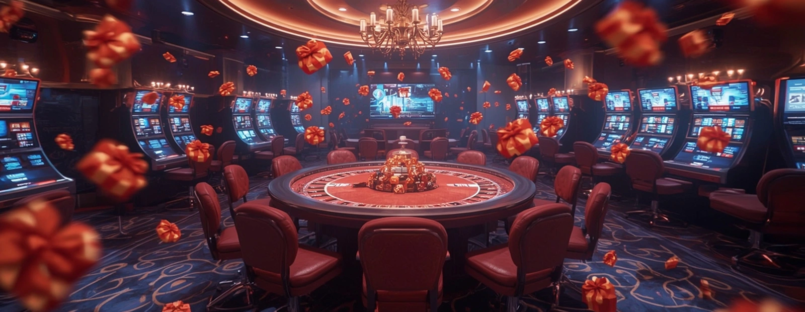 Casino with a gaming table in the center and slot machines under neon lights