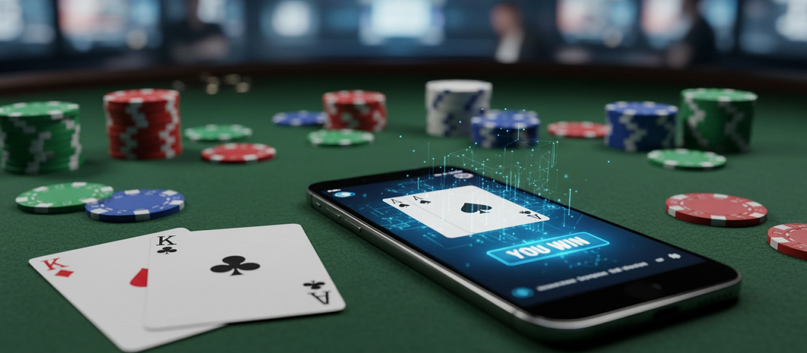 Poker – Structured Play, Long-Term Focus Mobile casino app showing poker winning hand surrounded by chips on table