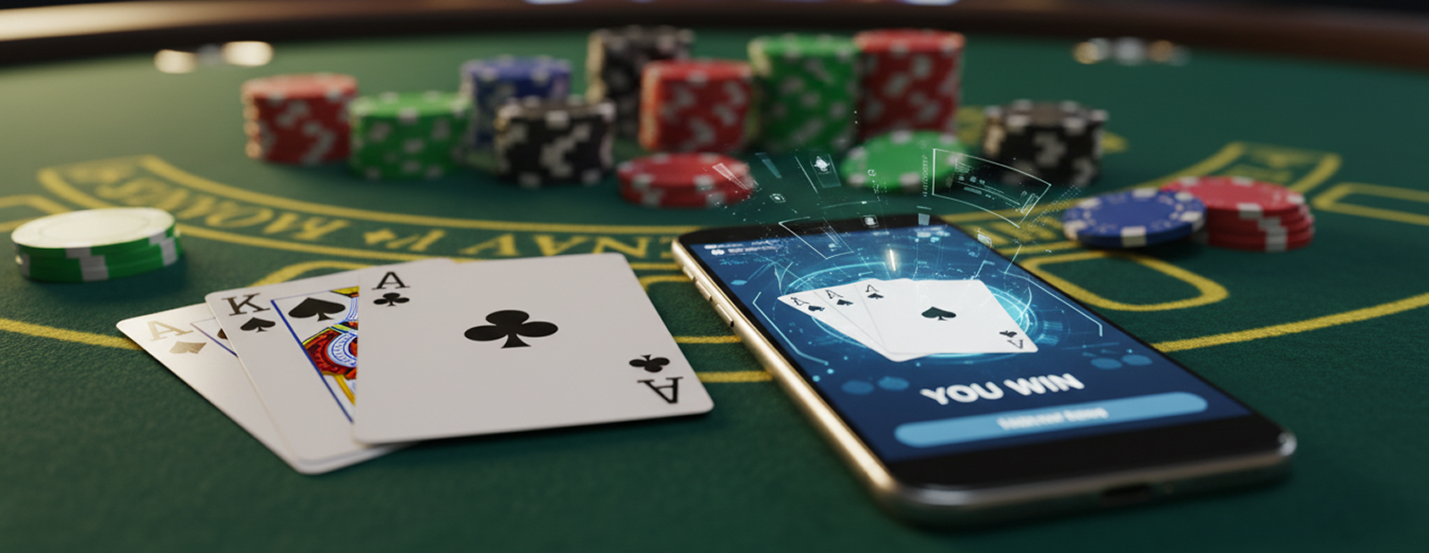 Smartphone displaying winning poker hand surrounded by chips on casino table