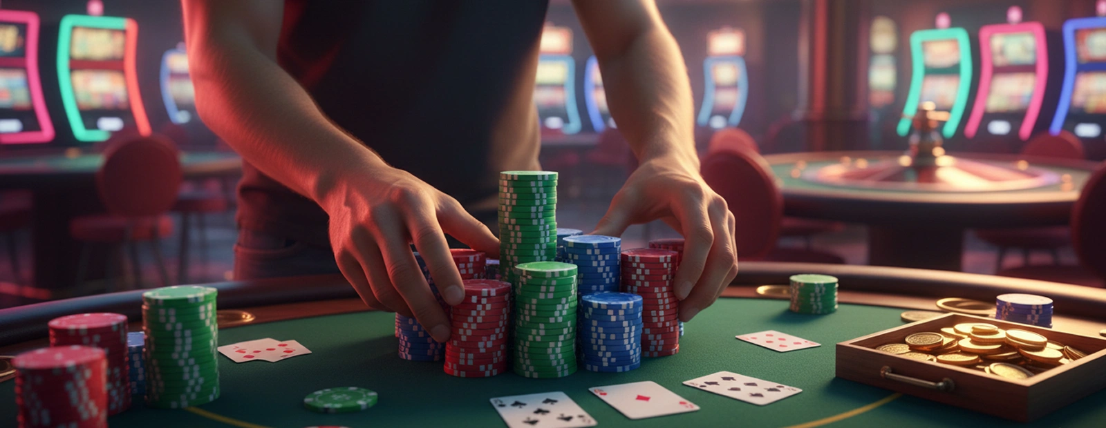 Player stacking colorful casino chips on a card table
