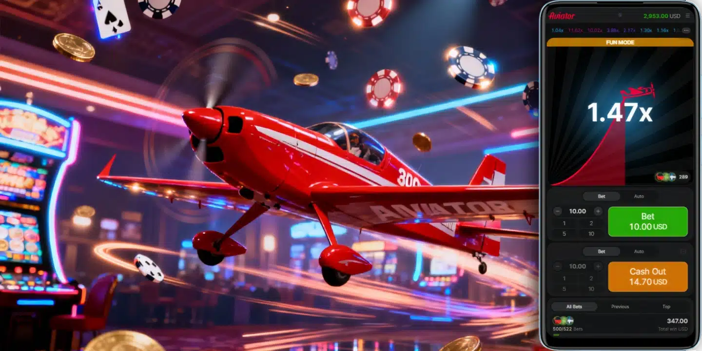 Safe Source for Aviator Red Aviator airplane with mobile casino game showing active round