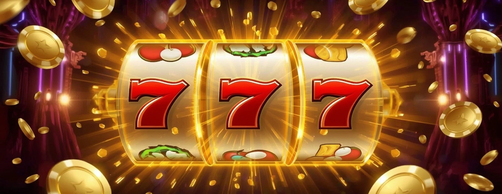 Triple seven jackpot spinning on golden slot reels surrounded by falling casino coins