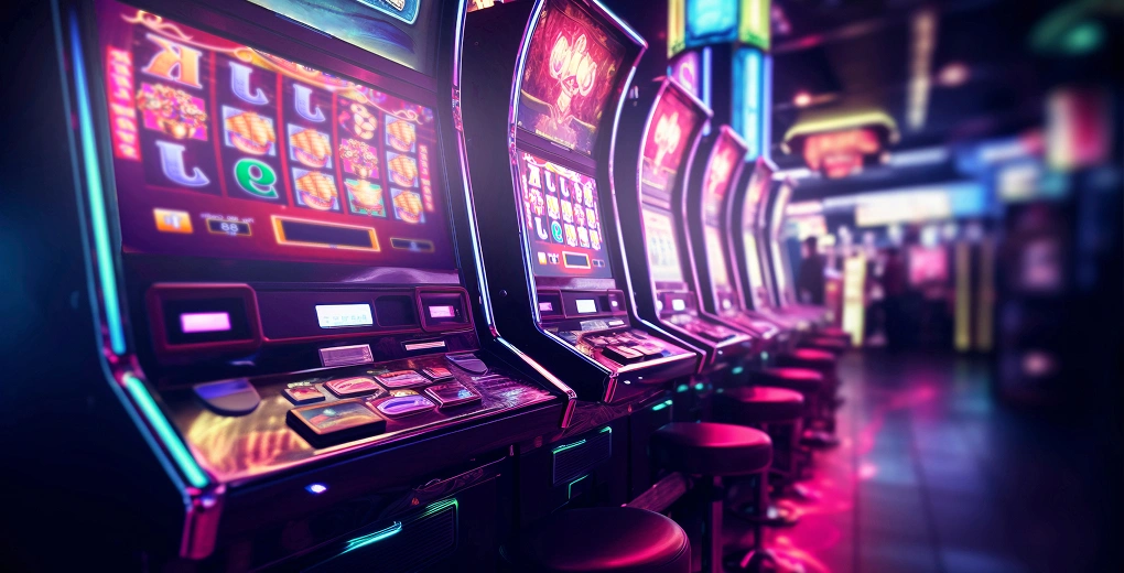 Row of neon slot machines