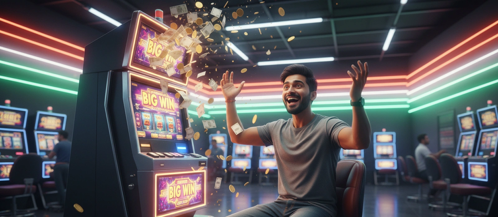 Slots – Quick Spins, Instant Outcomes Man celebrating massive slot machine win with flying coins and cash