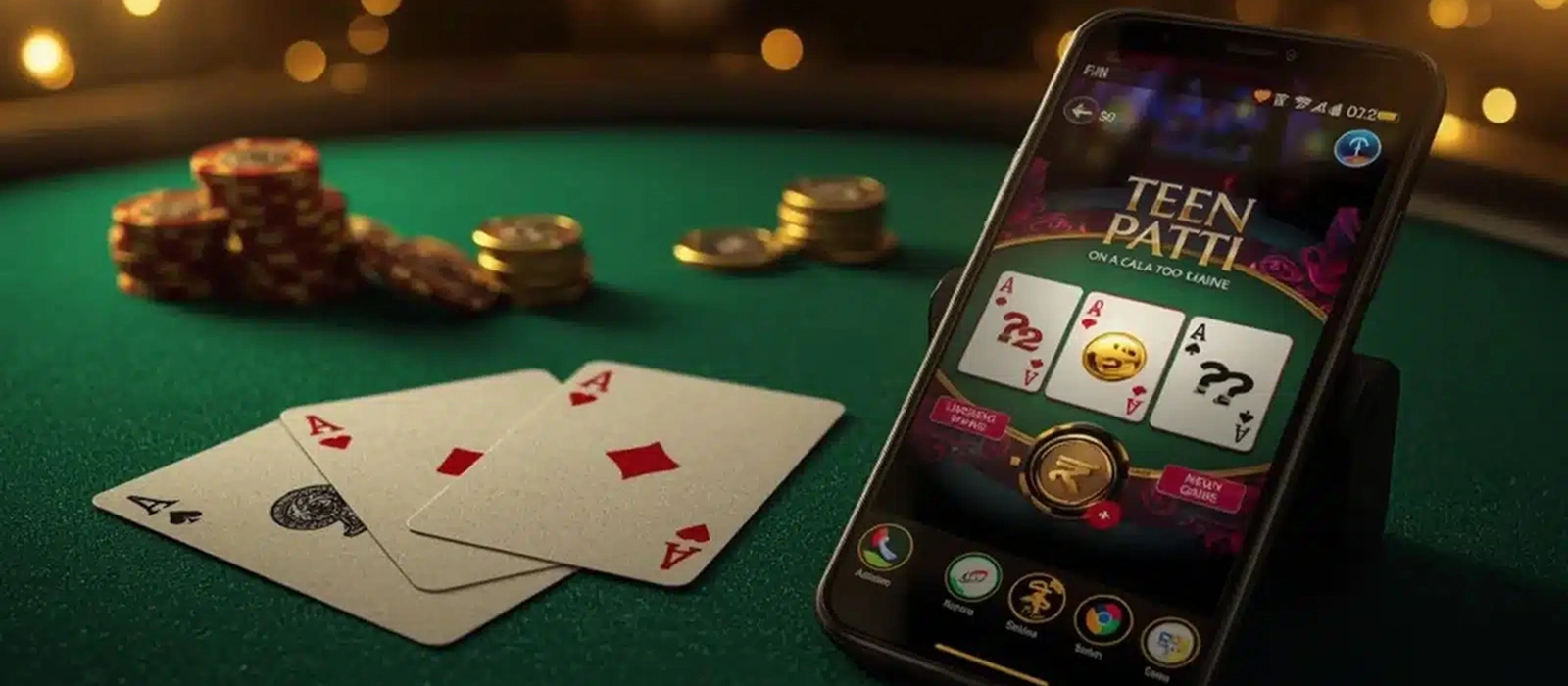 Teen Patti – Straightforward But Strategic Teen Patti mobile app showing winning cards and gold coins on green poker table