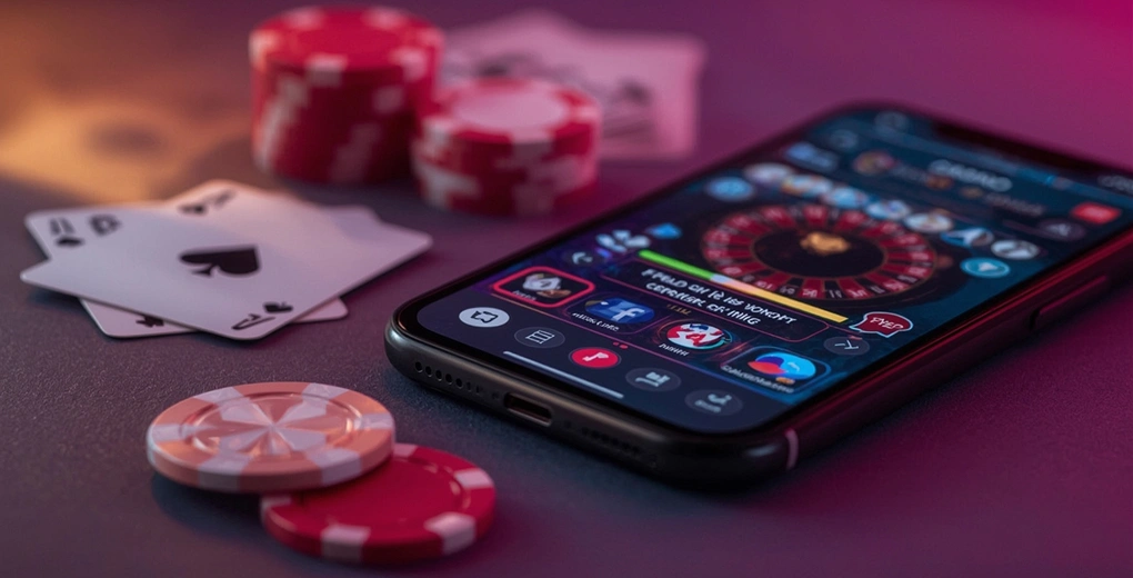 Mobile casino app alongside poker cards and chips in soft neon lighting