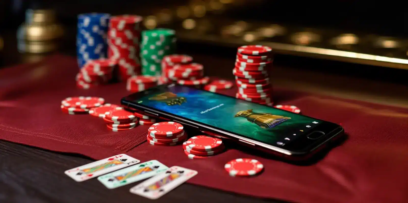 Legal Online casino app open on smartphone placed among poker chips and playing cards