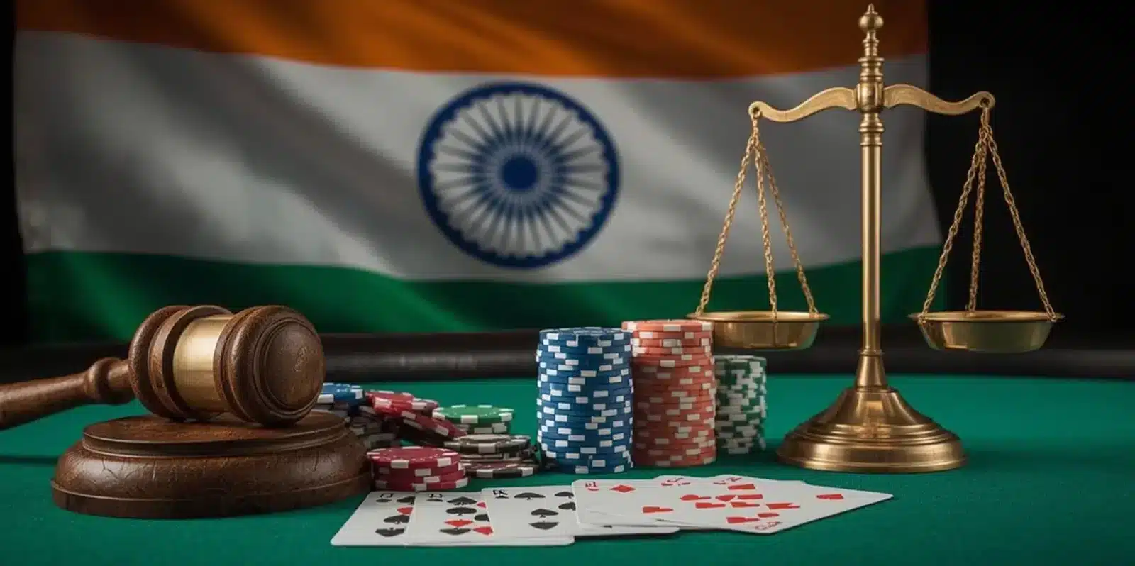 Indian flag behind poker chips, cards, and scales symbolizing online gambling regulation in India