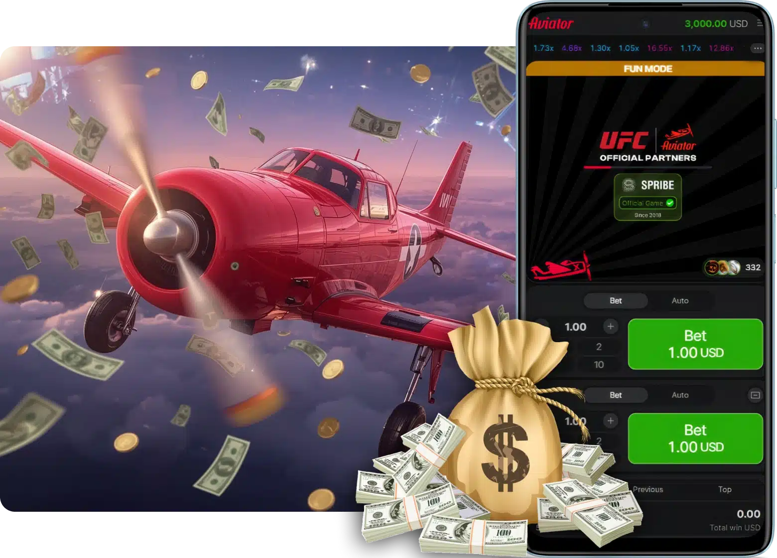 Red Aviator plane surrounded by money beside smartphone displaying withdrawal options
