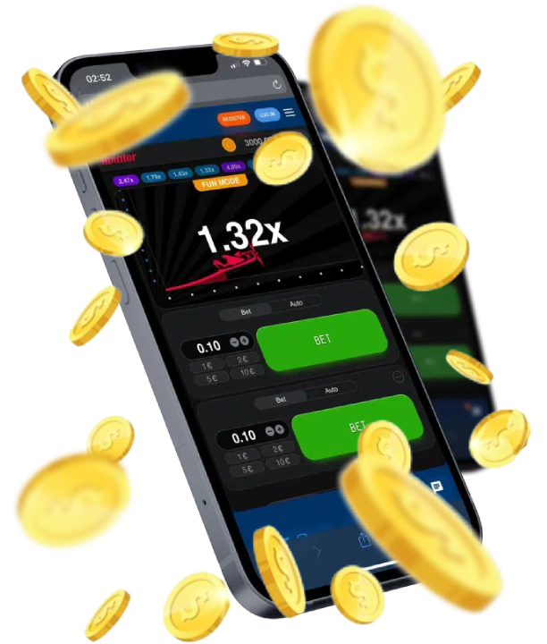 Two smartphones displaying Aviator game with betting options, and falling coins
