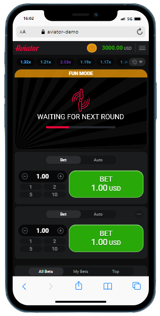 A smartphone displaying Aviator Fun version with betting options