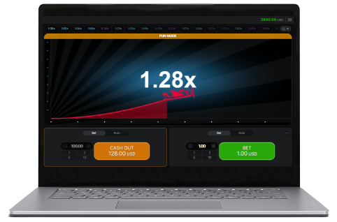 A laptop displaying Aviator game with increasing multiplier and betting options