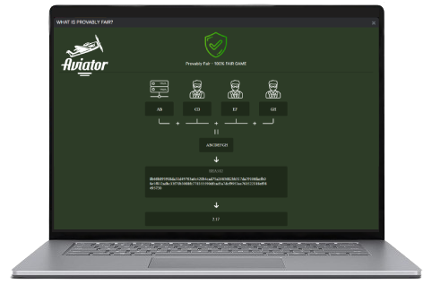 A laptop displaying Provably fair settings panel with Aviator game logo