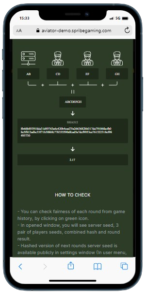 A smartphone displaying Aviator Provably fair settings panel with illustration how it works