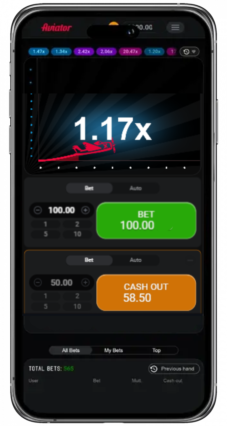 A smartphone displaying Aviator game with increasing multiplier and betting options