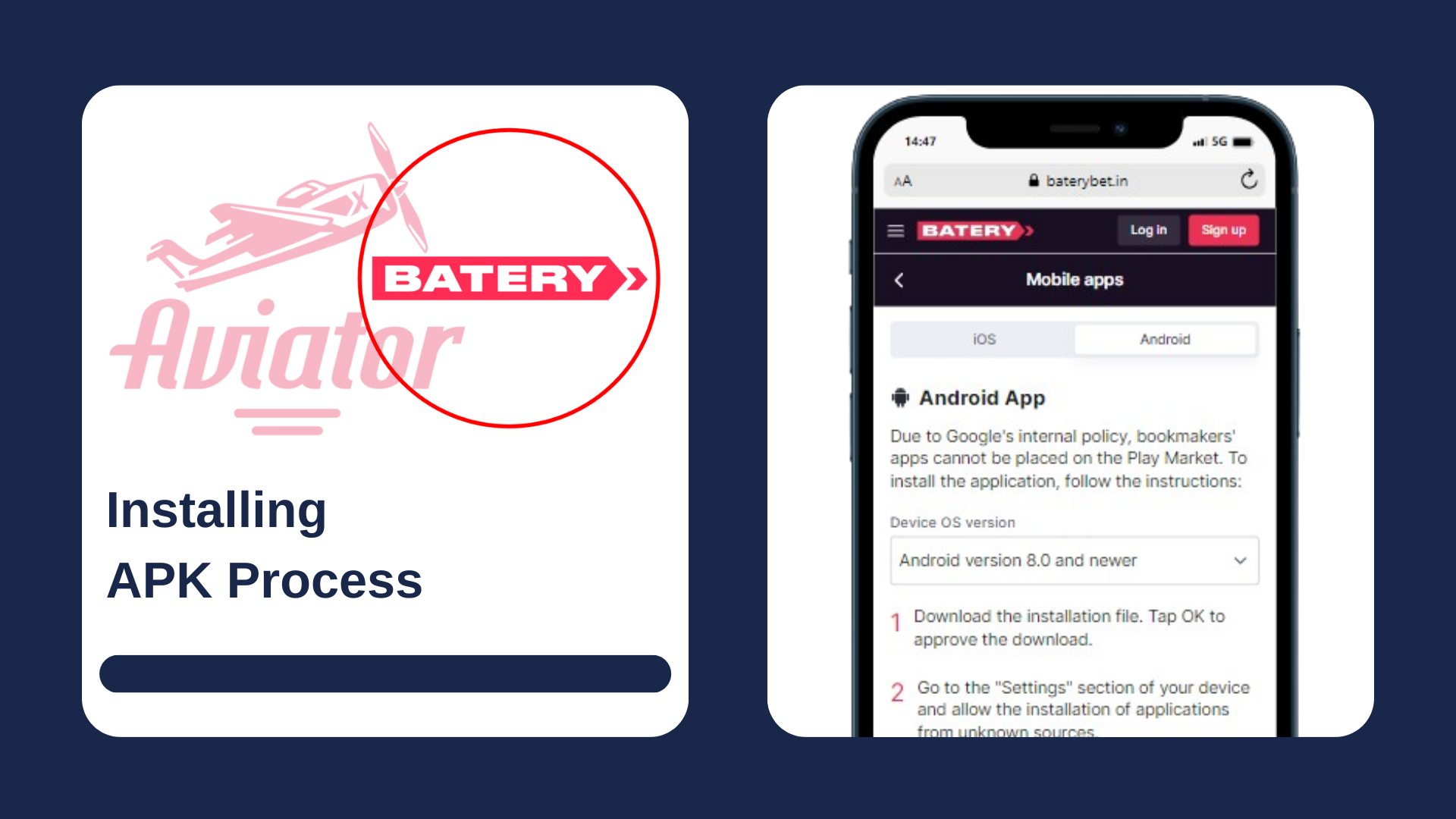 First picture showing Aviator and Batery logos with text, and second - how to install app on Android