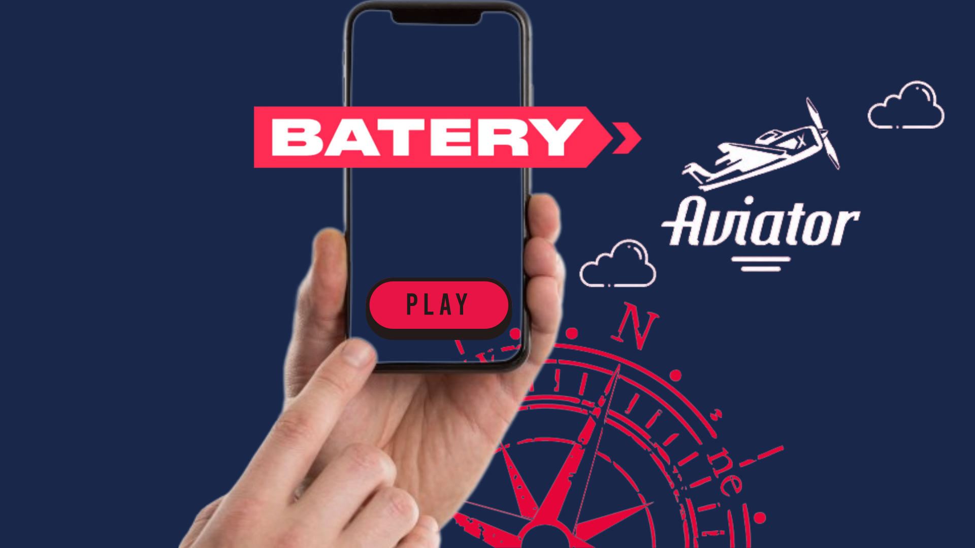 Logos of the Aviator game and Batery casino, and a hand holding smartphone
