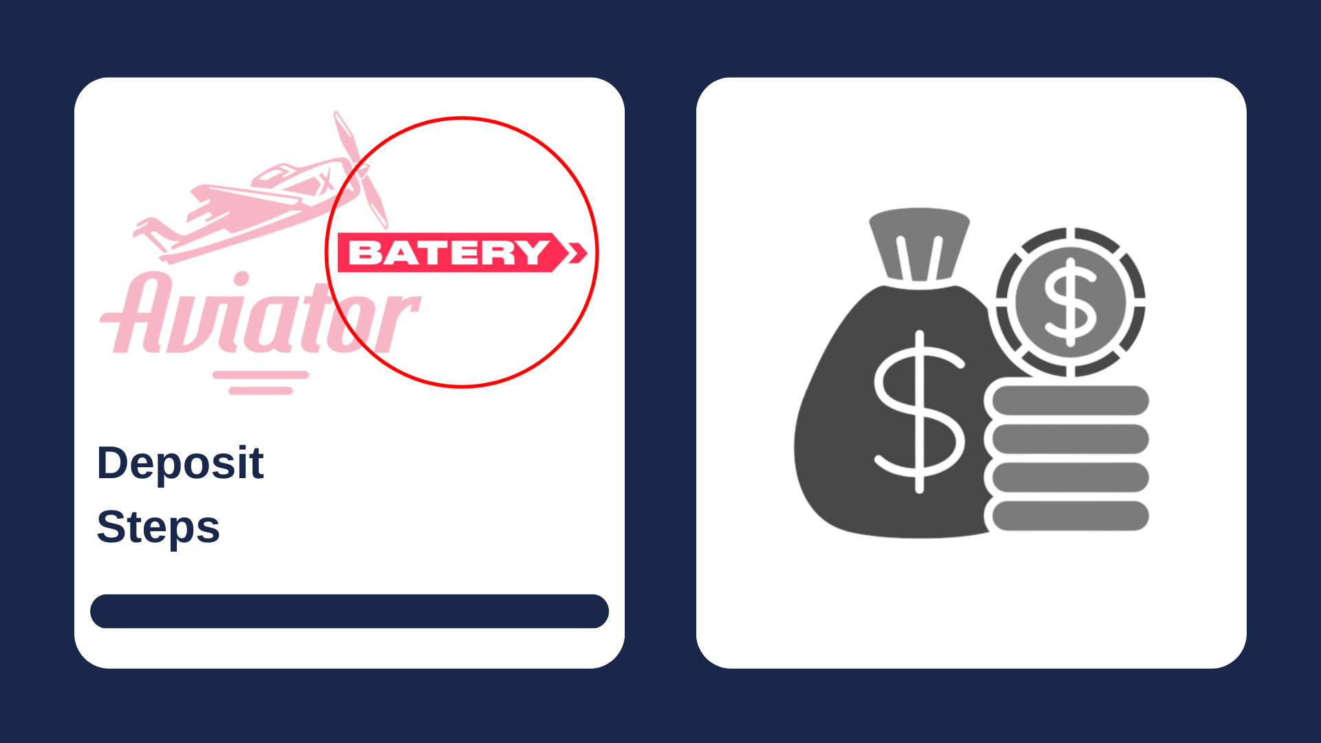 First picture showing Aviator and Batery logos with text, and second - deposit money icon