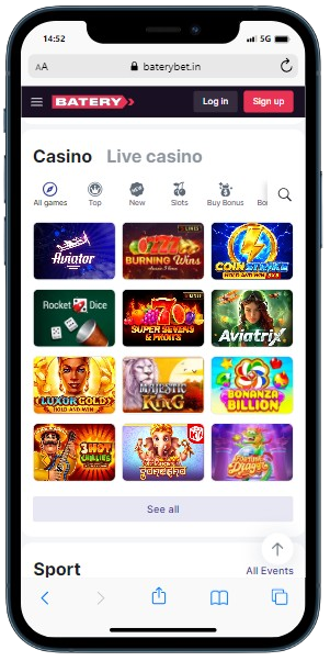 A smartphone showing casino games library on the Batery site