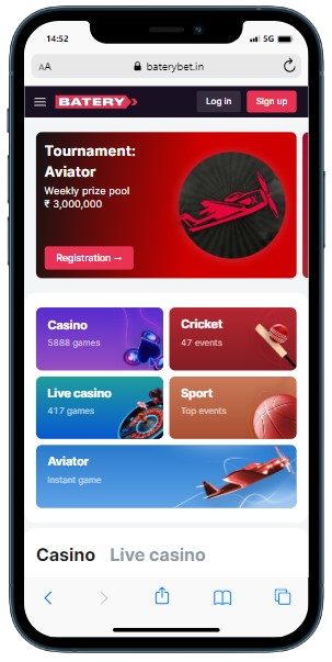 A smartphone showing home page of the Batery casino