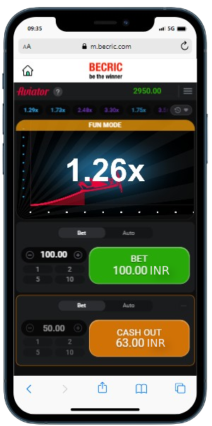 A smartphone displaying Aviator Fun version with increasing multiplier and betting options
