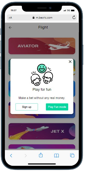 A smartphone displaying Becric casino with pop up window to play Aviator game for fun or sign up