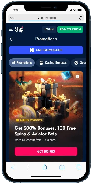 A smartphone displaying Bluechip online casino bonuses banners