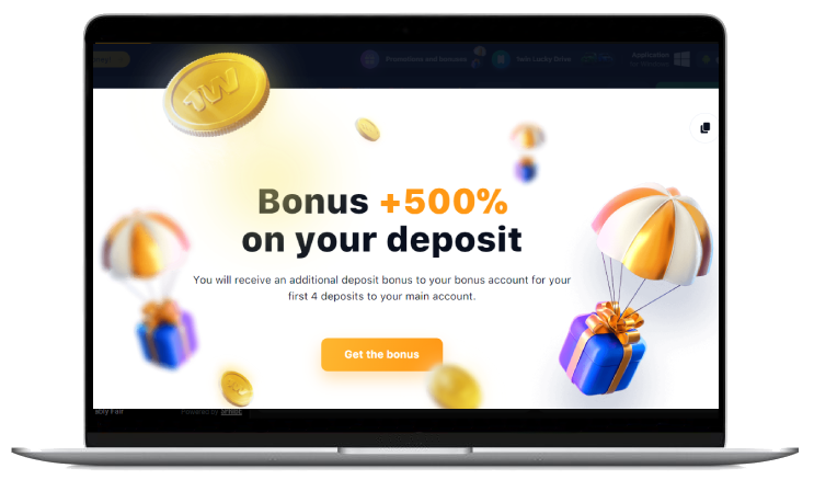 A laptop displaying casino site with promo banner 'Bonus +500% on your deposit'