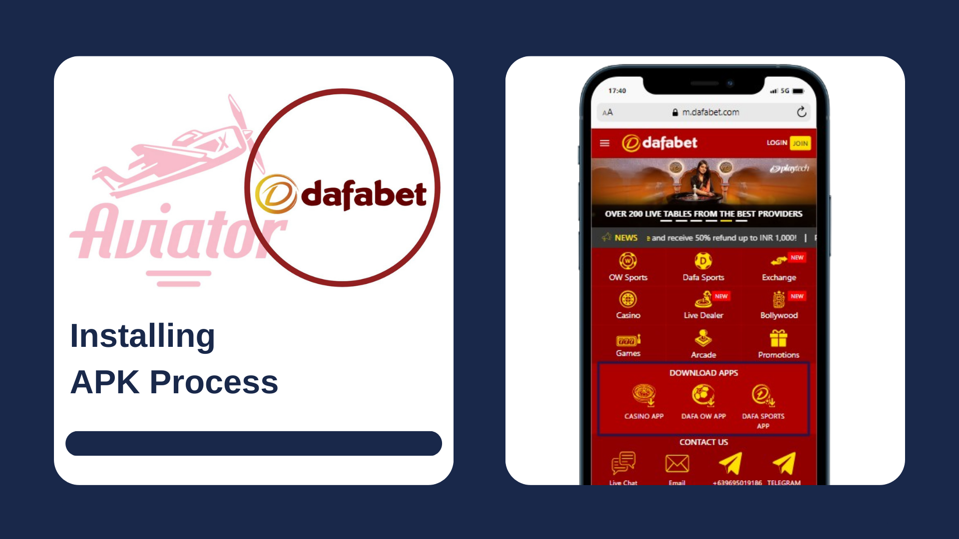 First picture showing Aviator and Dafabet logos with text, and second - highlighted casino app