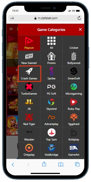A smartphone showing Dafabet casino site with games library and highlighted 'Crash'