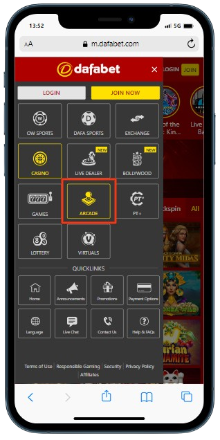 A smartphone showing Dafabet casino site with games library and highlighted 'Arcade'