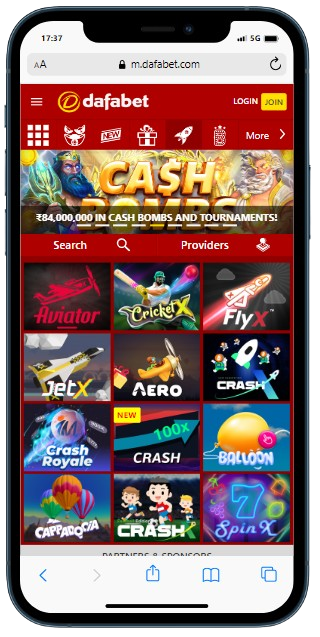 A smartphone showing casino games library on the Dafabet official site