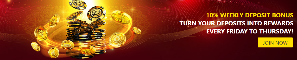Promo banner of the Dafabet with casino chips, coins and text '10% weekly deposit bonus'