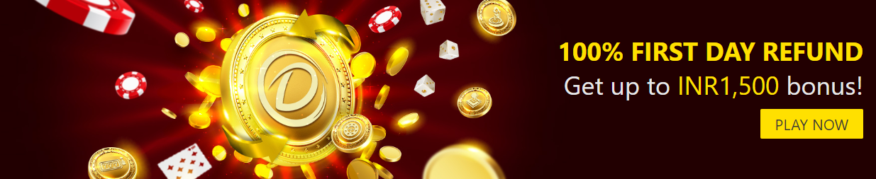 Promo banner of the Dafabet with casino chips, coins, cards and text '100% first day refund'