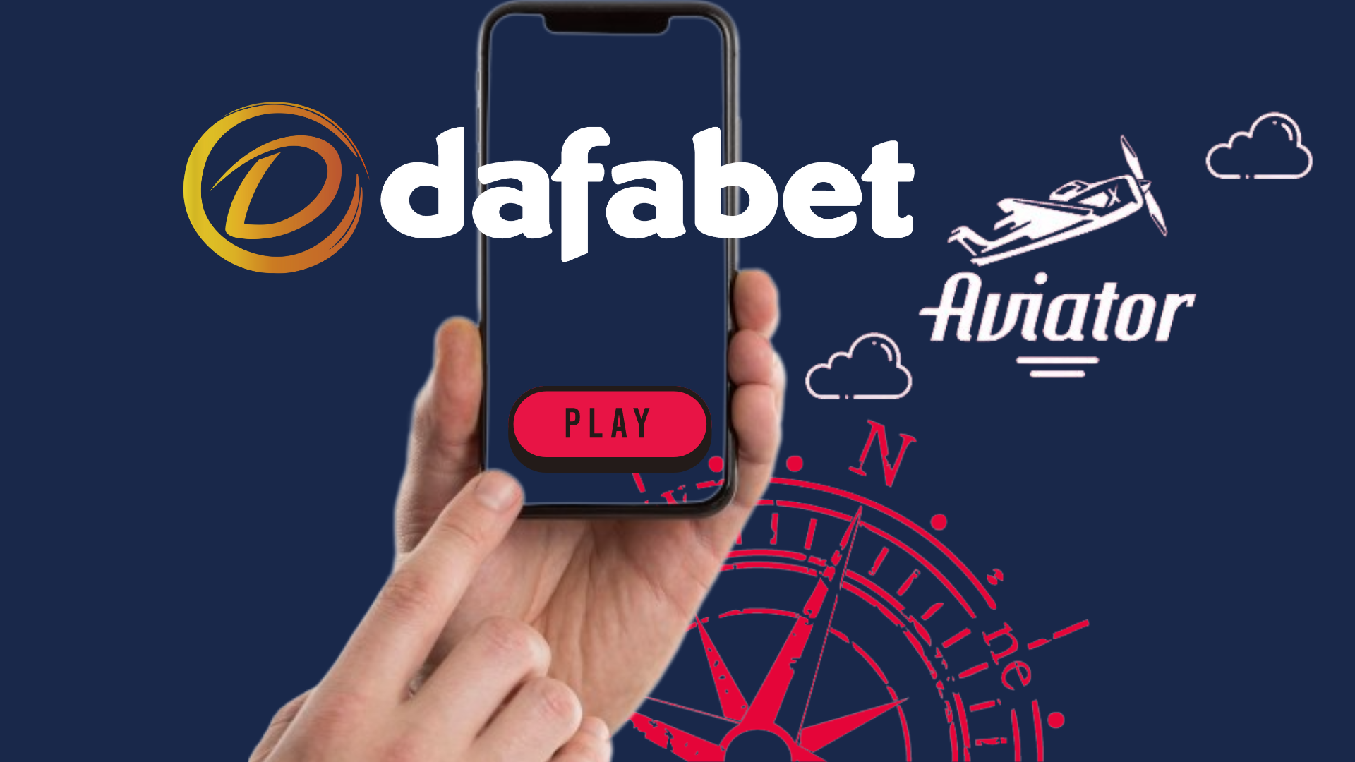 Logos of the Aviator game and Dafabet casino, and a hand holding smartphone