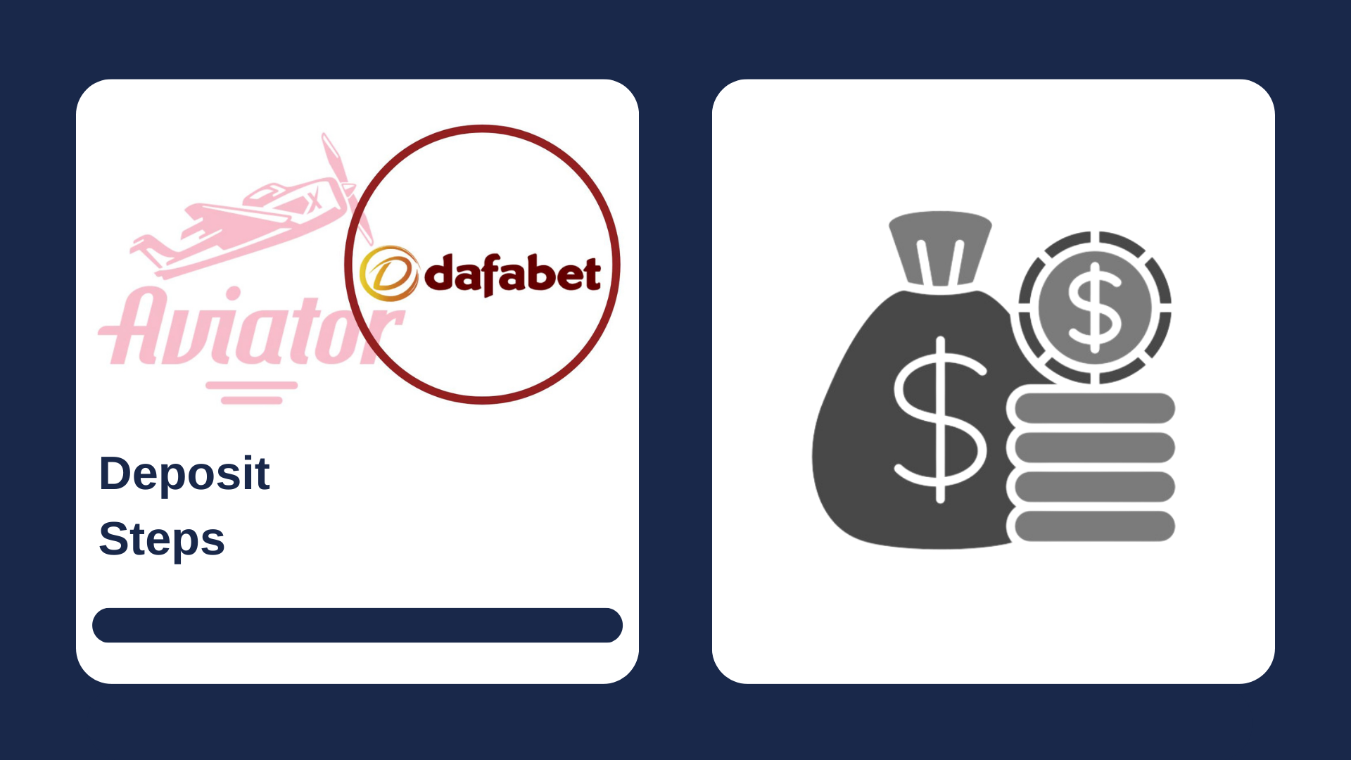First picture showing Aviator and Dafabet logos with text, and second - deposit money icon