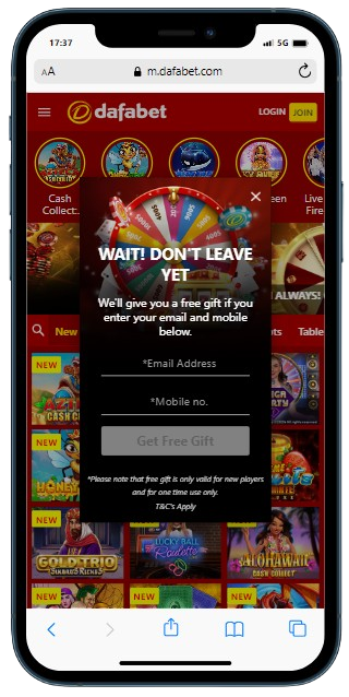 A smartphone showing home page of the Dafabet casino