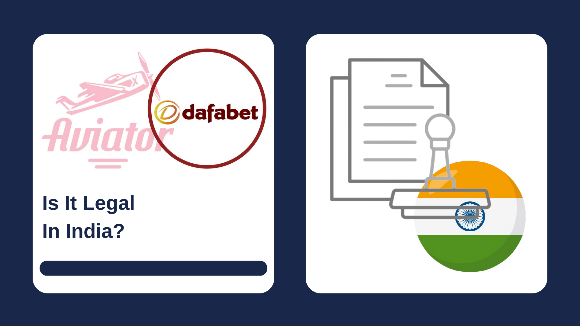 First picture showing Aviator and Dafabet logos, and second - legal documents icon and Indian flag