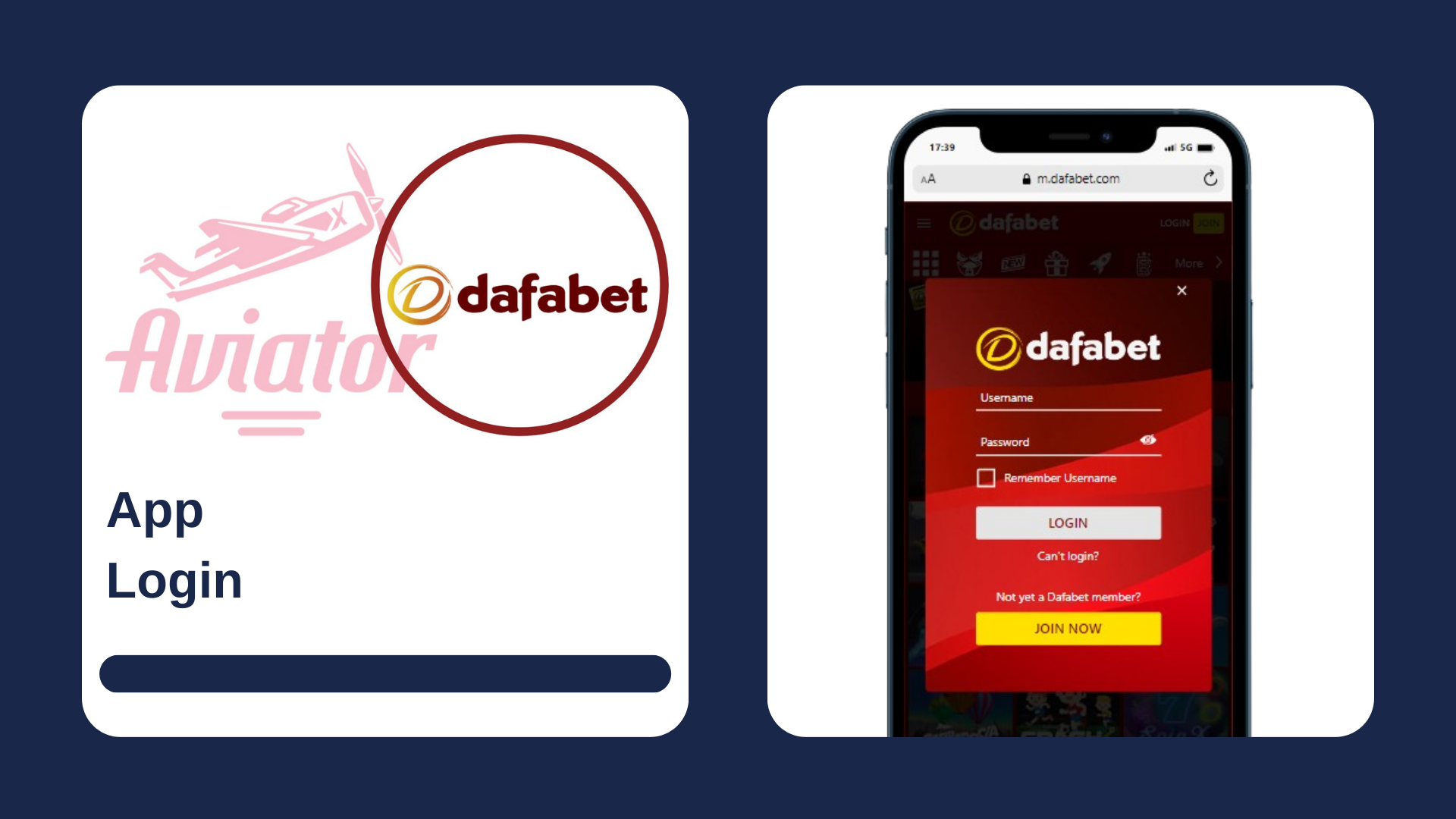 A smartphone showing sign in form of the casino, with Aviator game and Dafabet logos